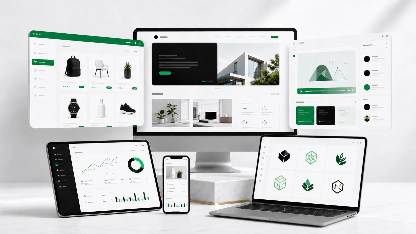 Premium VelloByte mockup showing websites, online stores, tutoring platforms, dashboards and logo concepts